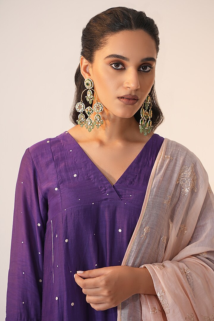 Purple Cotton Silk Block Printed & Hand Embroidered A-Line Kurta Set by Label Mansi Nagdev at Pernia's Pop Up Shop