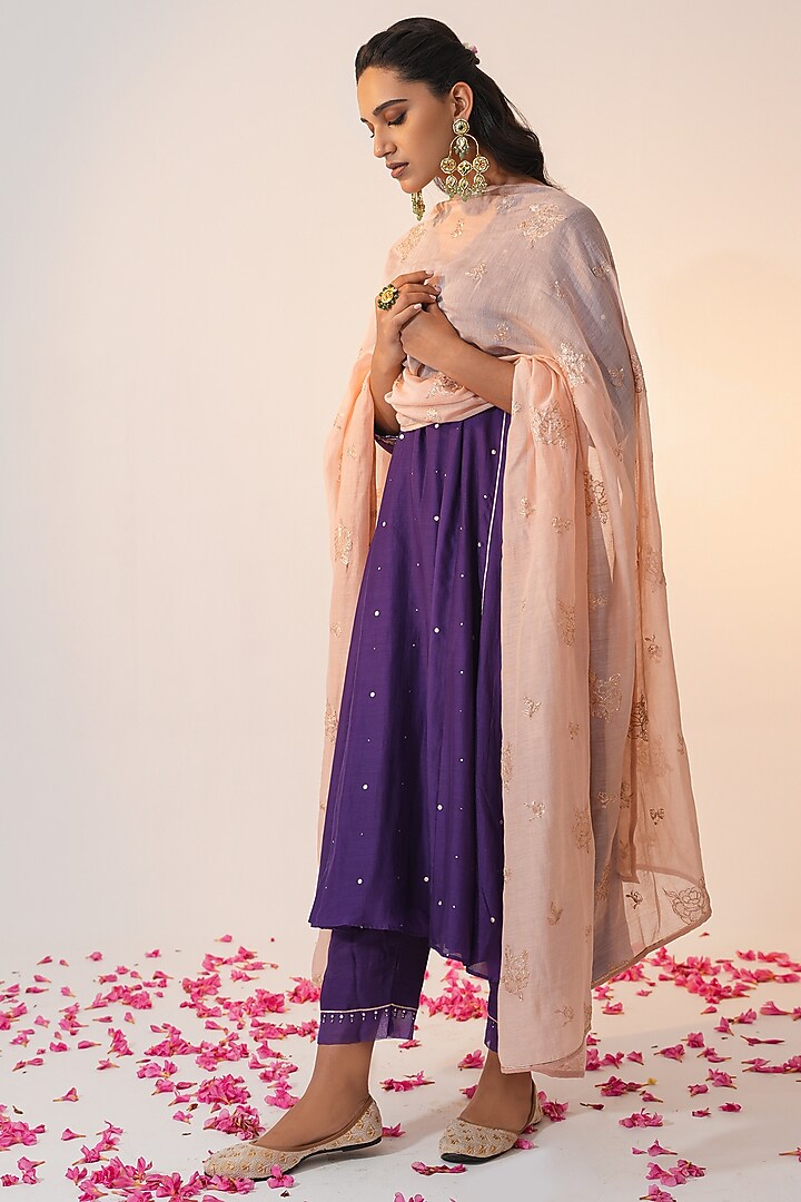 Purple Cotton Silk Block Printed & Hand Embroidered A-Line Kurta Set by Label Mansi Nagdev at Pernia's Pop Up Shop