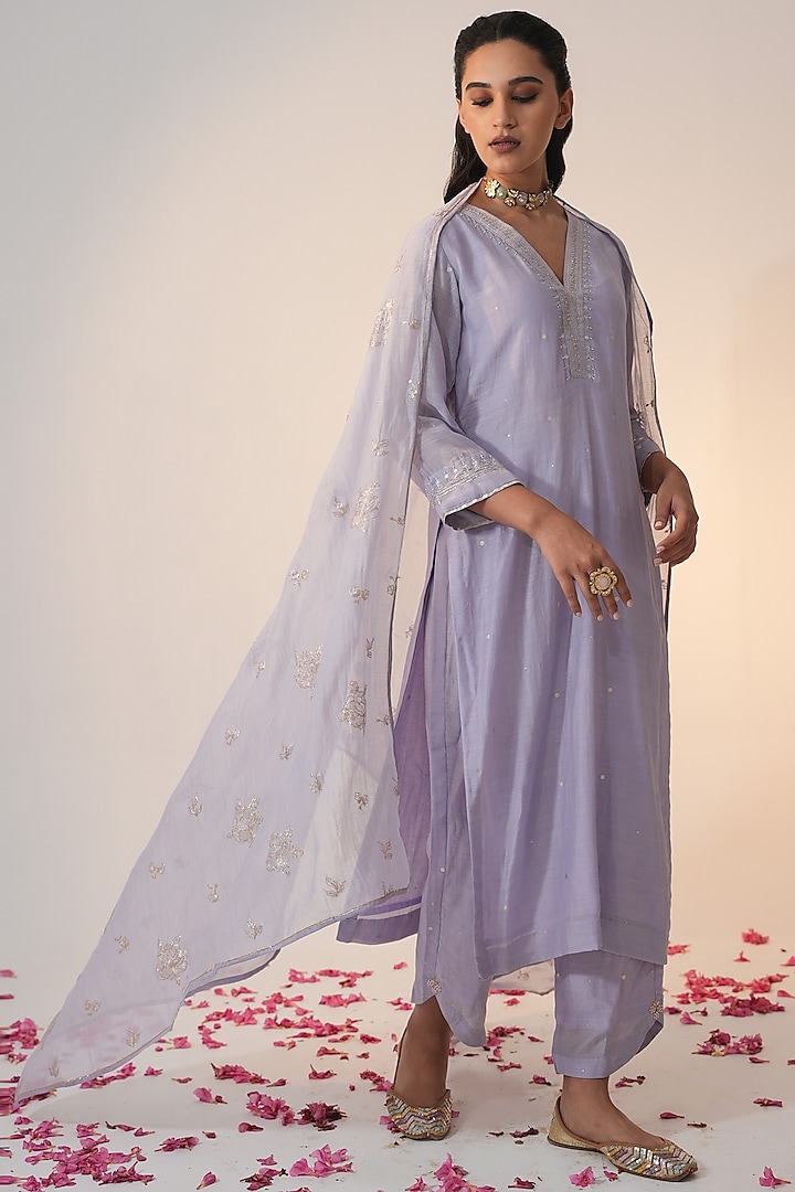 Powder Blue Cotton Silk Block Printed & Hand Embroidered Straight Kurta Set by Label Mansi Nagdev