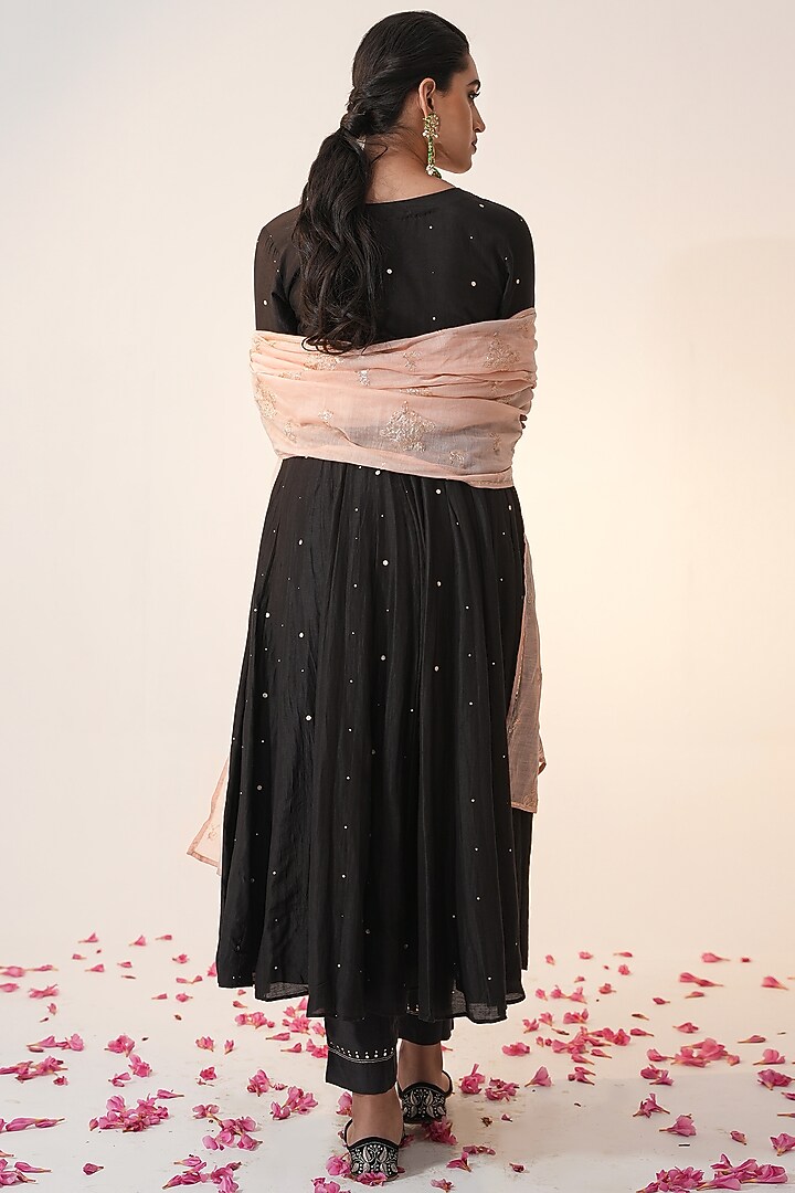 Coal Black Cotton Silk Block Printed & Hand Embroidered Party Wear Anarkali Set by Label Mansi Nagdev at Pernia's Pop Up Shop