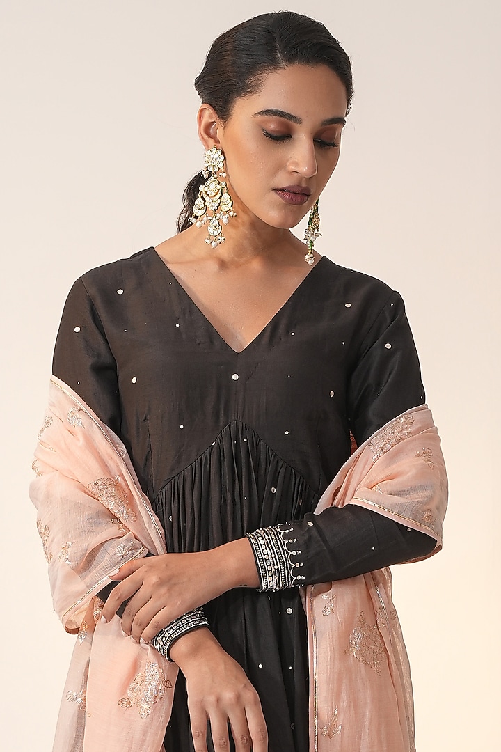 Coal Black Cotton Silk Block Printed & Hand Embroidered Party Wear Anarkali Set by Label Mansi Nagdev at Pernia's Pop Up Shop