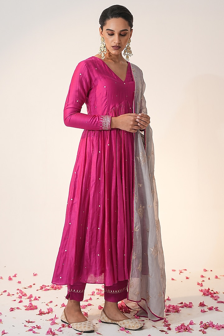 Fuschia Pink Cotton Silk Block Printed & Hand Embroidered Anarkali Set by Label Mansi Nagdev