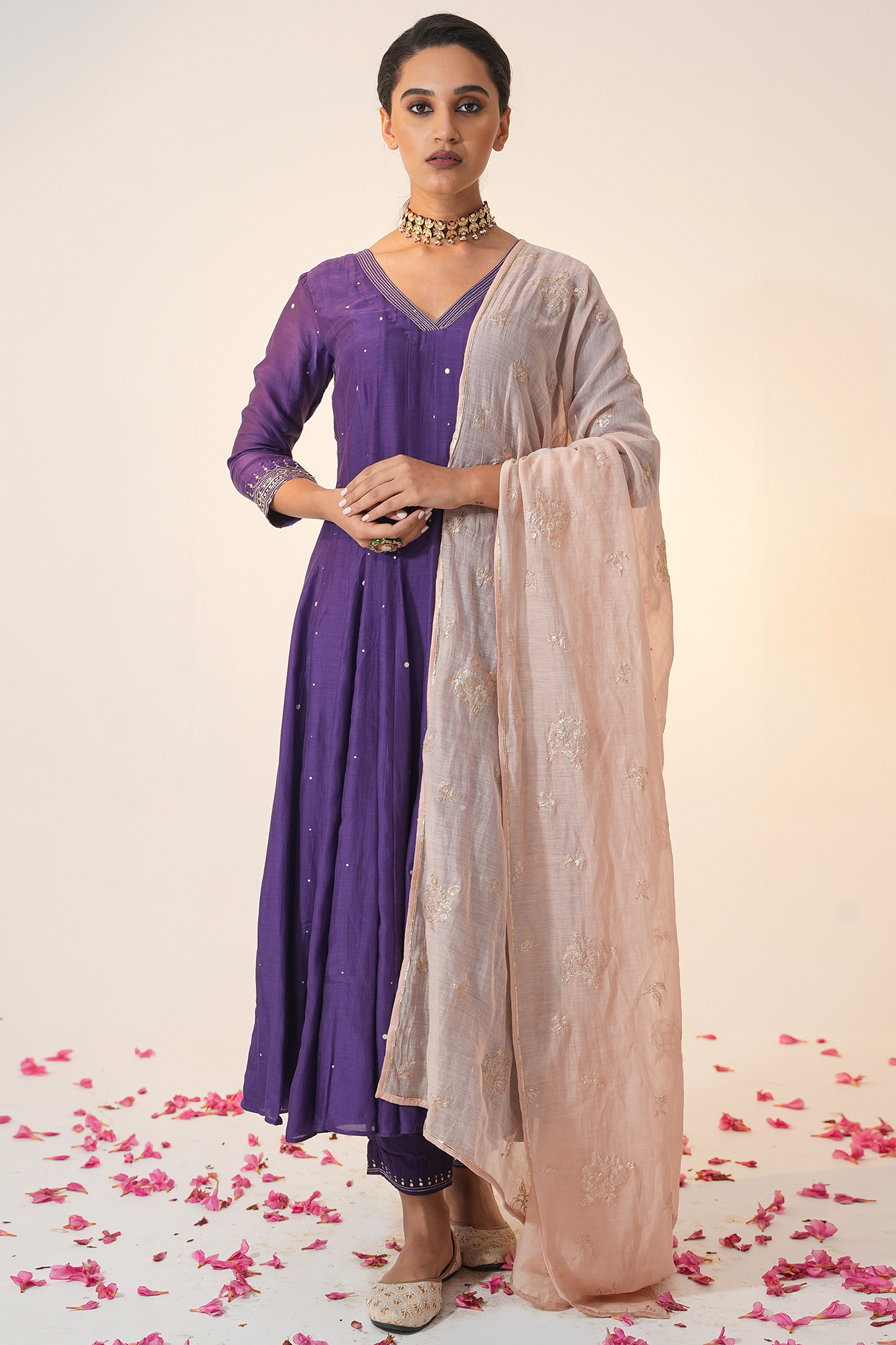 Purple Cotton Silk Block Printed & Hand Embroidered Anarkali Set by Label Mansi Nagdev