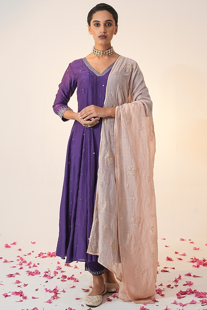 Purple Cotton Silk Block Printed & Hand Embroidered Anarkali Set by Label Mansi Nagdev