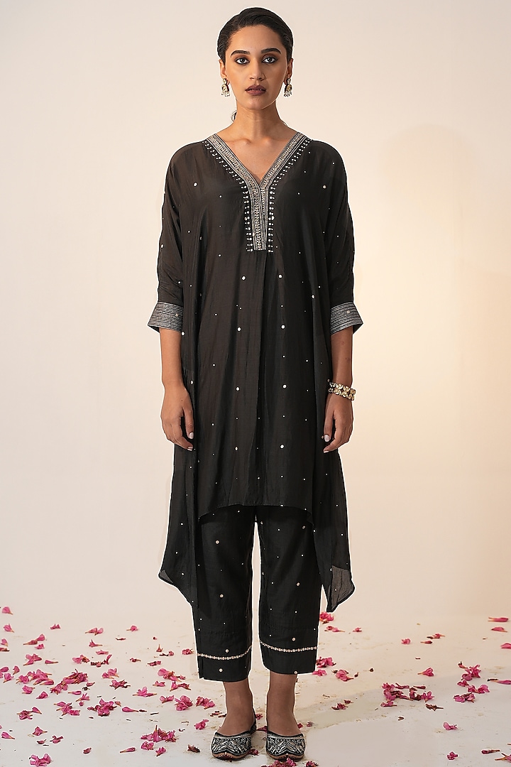 Coal Black Cotton Silk Block Printed & Hand Embroidered Co-ord Set by Label Mansi Nagdev