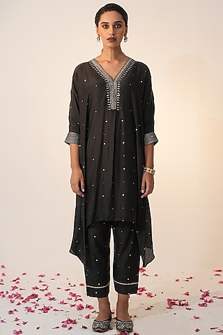 Coal Black Cotton Silk Block Printed & Hand Embroidered Co-ord Set by Label Mansi Nagdev