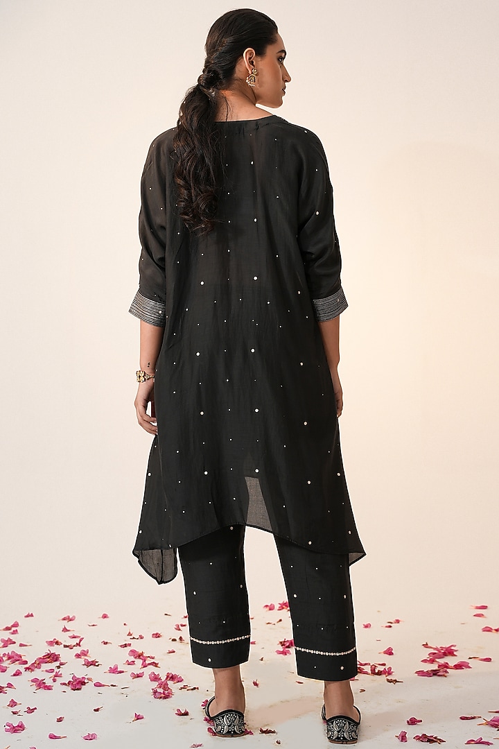 Coal Black Cotton Silk Block Printed & Hand Embroidered Co-ord Set by Label Mansi Nagdev at Pernia's Pop Up Shop