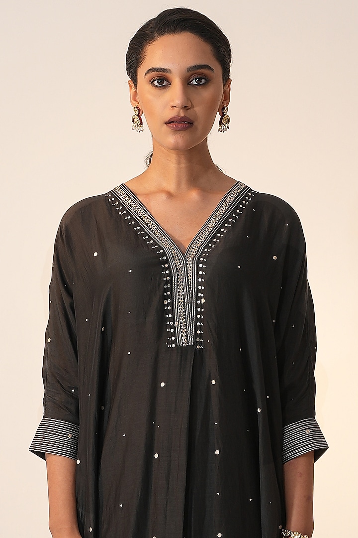 Coal Black Cotton Silk Block Printed & Hand Embroidered Co-ord Set by Label Mansi Nagdev at Pernia's Pop Up Shop