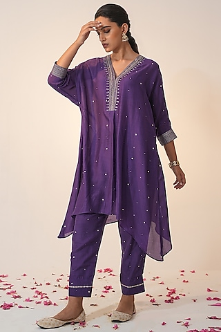 Purple Cotton Silk Block Printed & Hand Embroidered Co-ord Set by Label Mansi Nagdev