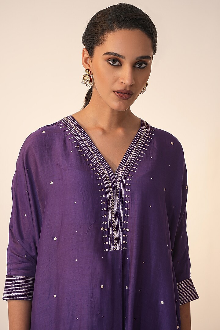Purple Cotton Silk Block Printed & Hand Embroidered Co-ord Set by Label Mansi Nagdev at Pernia's Pop Up Shop