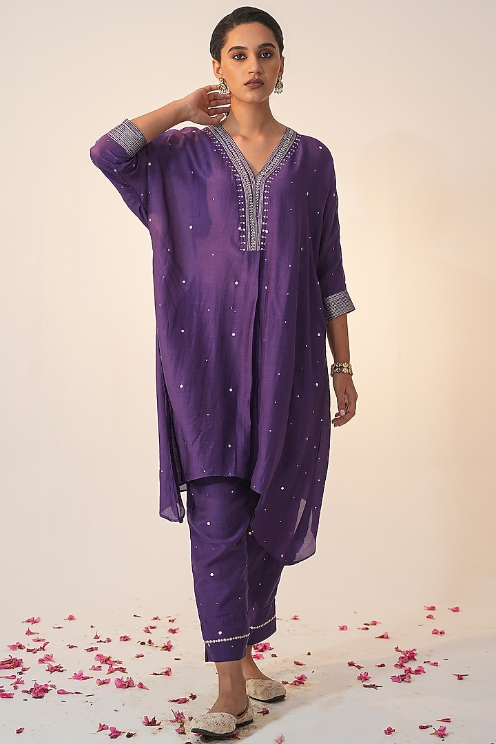 Purple Cotton Silk Block Printed & Hand Embroidered Co-ord Set by Label Mansi Nagdev at Pernia's Pop Up Shop