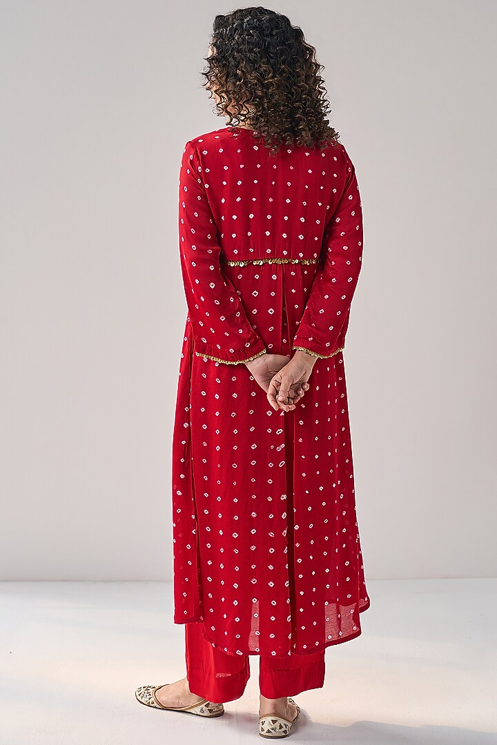 Red Modal Satin Bandhani Hand Embroidered Kurta Set by Label Mansi Nagdev at Pernia's Pop Up Shop