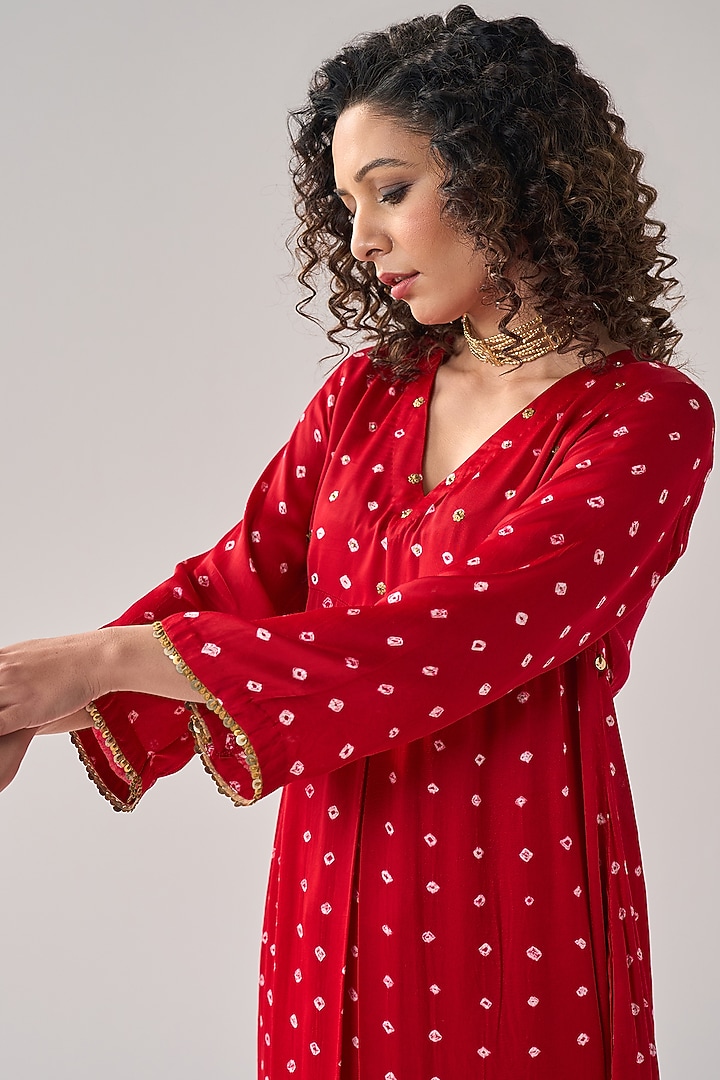 Red Modal Satin Bandhani Hand Embroidered Kurta Set by Label Mansi Nagdev at Pernia's Pop Up Shop