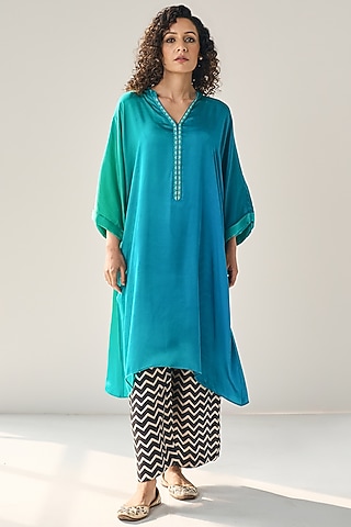 Blue Modal Satin Hand Embroidered Ombre Dyed Kaftan Set by Label Mansi Nagdev