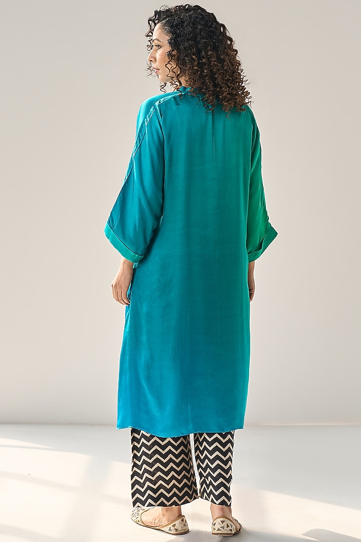 Blue Modal Satin Hand Embroidered Ombre Dyed Kaftan Set by Label Mansi Nagdev at Pernia's Pop Up Shop
