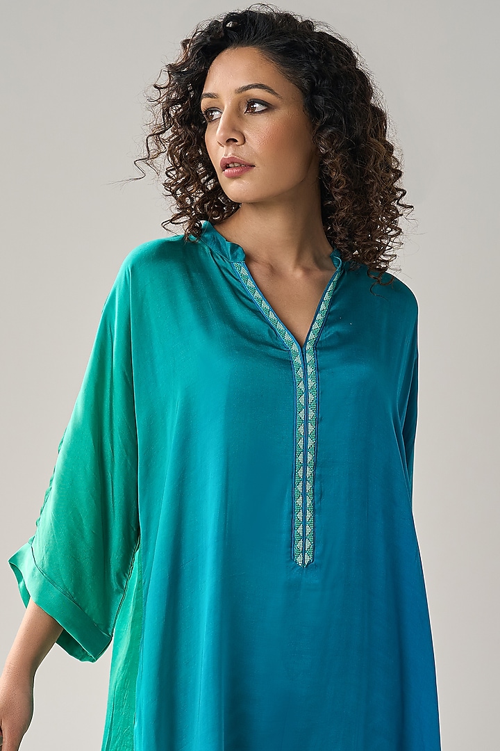 Blue Modal Satin Hand Embroidered Ombre Dyed Kaftan Set by Label Mansi Nagdev at Pernia's Pop Up Shop