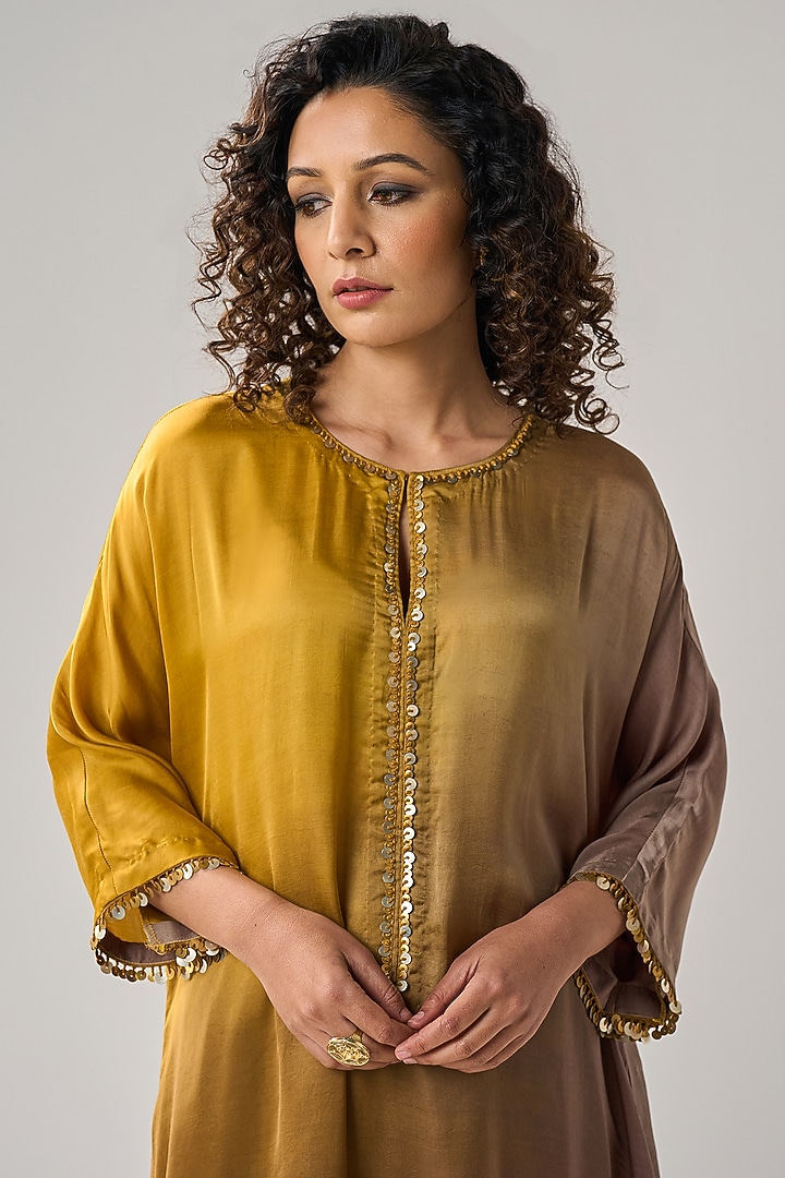 Gold Modal Satin Sequins Embellished Ombre Dyed Kaftan Set by Label Mansi Nagdev at Pernia's Pop Up Shop
