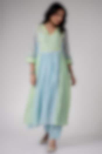 Pastel Blue & Green Chanderi Hand Embroidered A-Line kurta Set by Label Mansi Nagdev at Pernia's Pop Up Shop