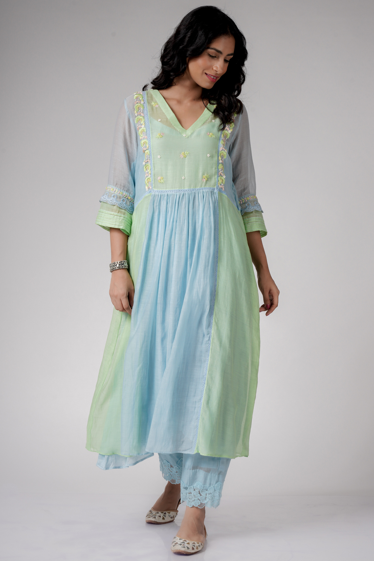 Pastel Blue & Green Chanderi Hand Embroidered A-Line kurta Set by Label Mansi Nagdev at Pernia's Pop Up Shop