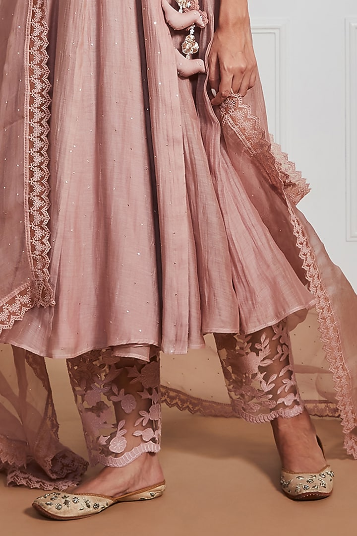 Dusty Rose Hand Embroidered Chanderi Anarkali Set