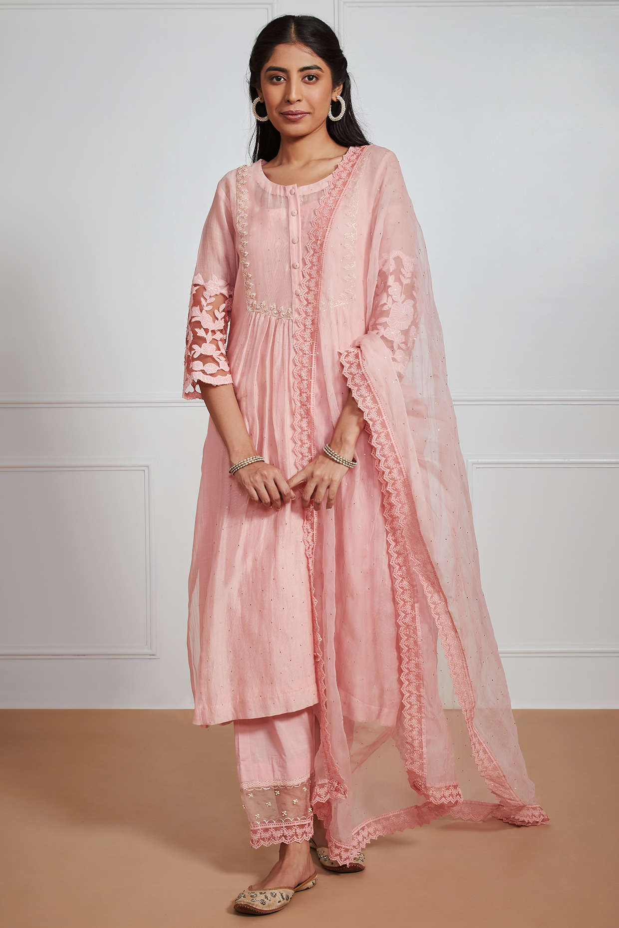 Blush Pink Malai Chanderi Hand Embroidered Kurta Set by Label Mansi Nagdev at Pernia's Pop Up Shop