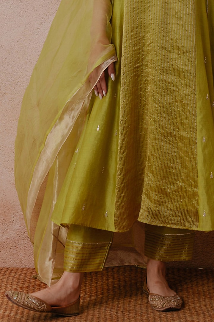 Green Chanderi Hand Embroidered A-line Kurta Set by Label Mansi Nagdev at Pernia's Pop Up Shop