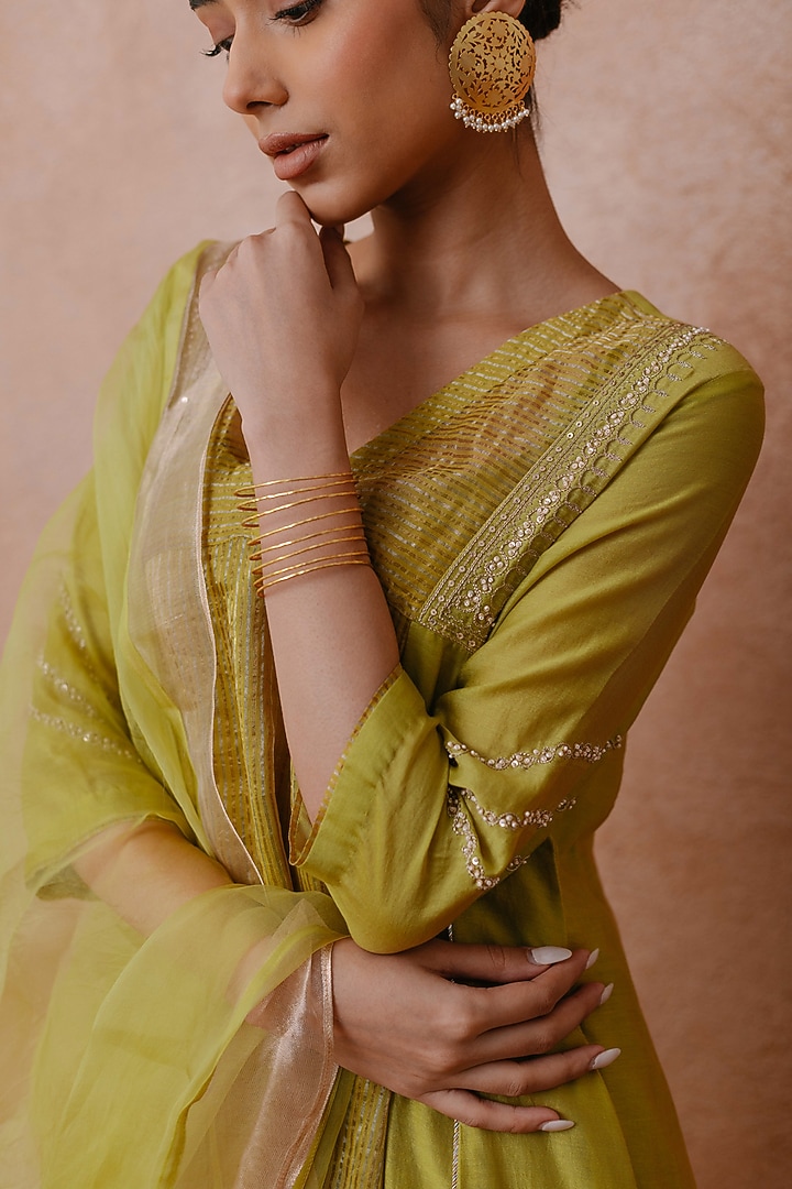 Green Chanderi Hand Embroidered A-line Kurta Set by Label Mansi Nagdev at Pernia's Pop Up Shop