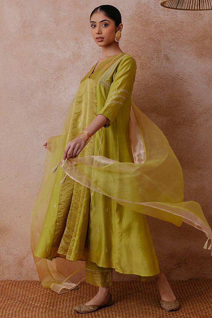Green Chanderi Hand Embroidered A-line Kurta Set by Label Mansi Nagdev at Pernia's Pop Up Shop
