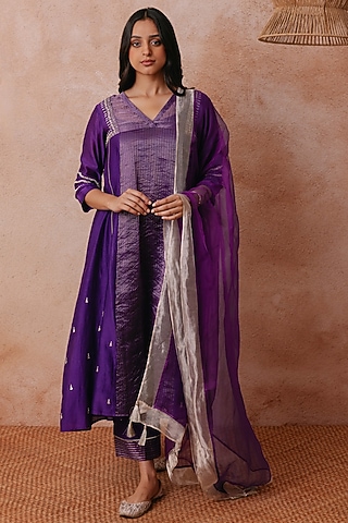 Purple Chanderi Hand Embroidered A-line Kurta Set by Label Mansi Nagdev