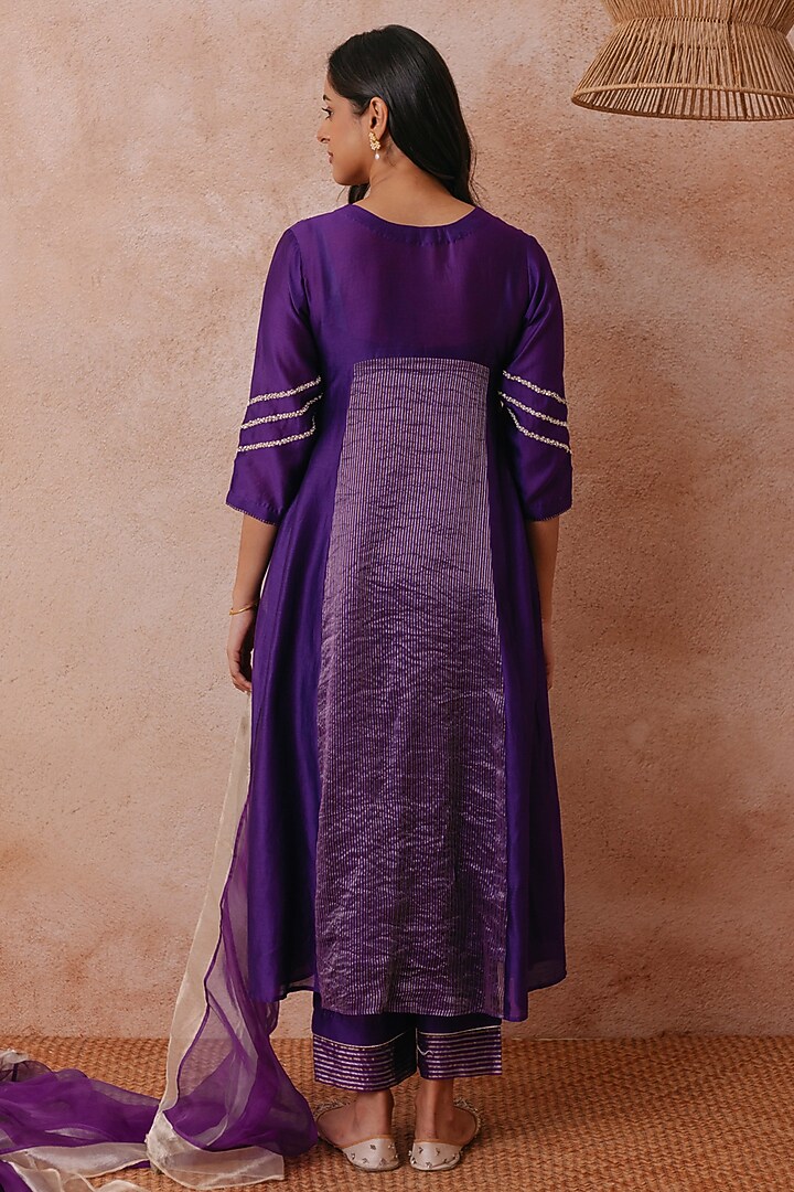 Purple Chanderi Hand Embroidered A-line Kurta Set by Label Mansi Nagdev at Pernia's Pop Up Shop