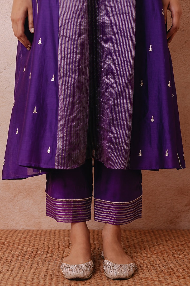 Purple Chanderi Hand Embroidered A-line Kurta Set by Label Mansi Nagdev at Pernia's Pop Up Shop