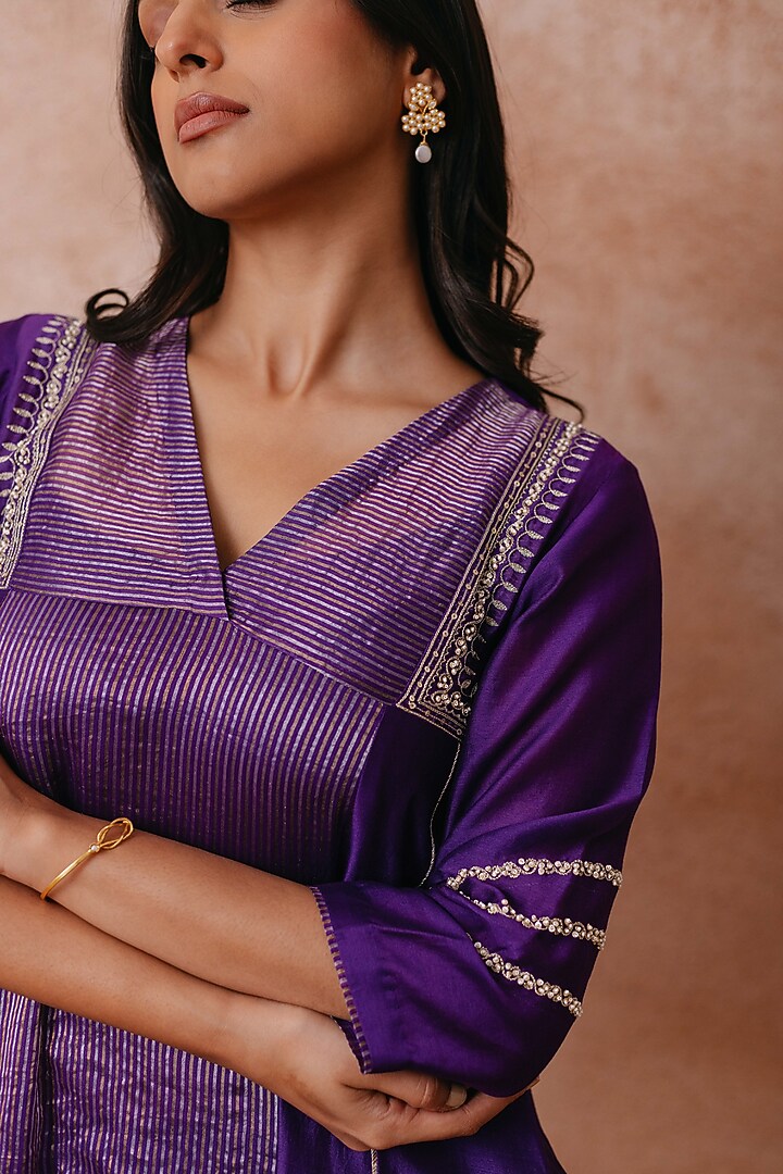 Purple Chanderi Hand Embroidered A-line Kurta Set by Label Mansi Nagdev at Pernia's Pop Up Shop