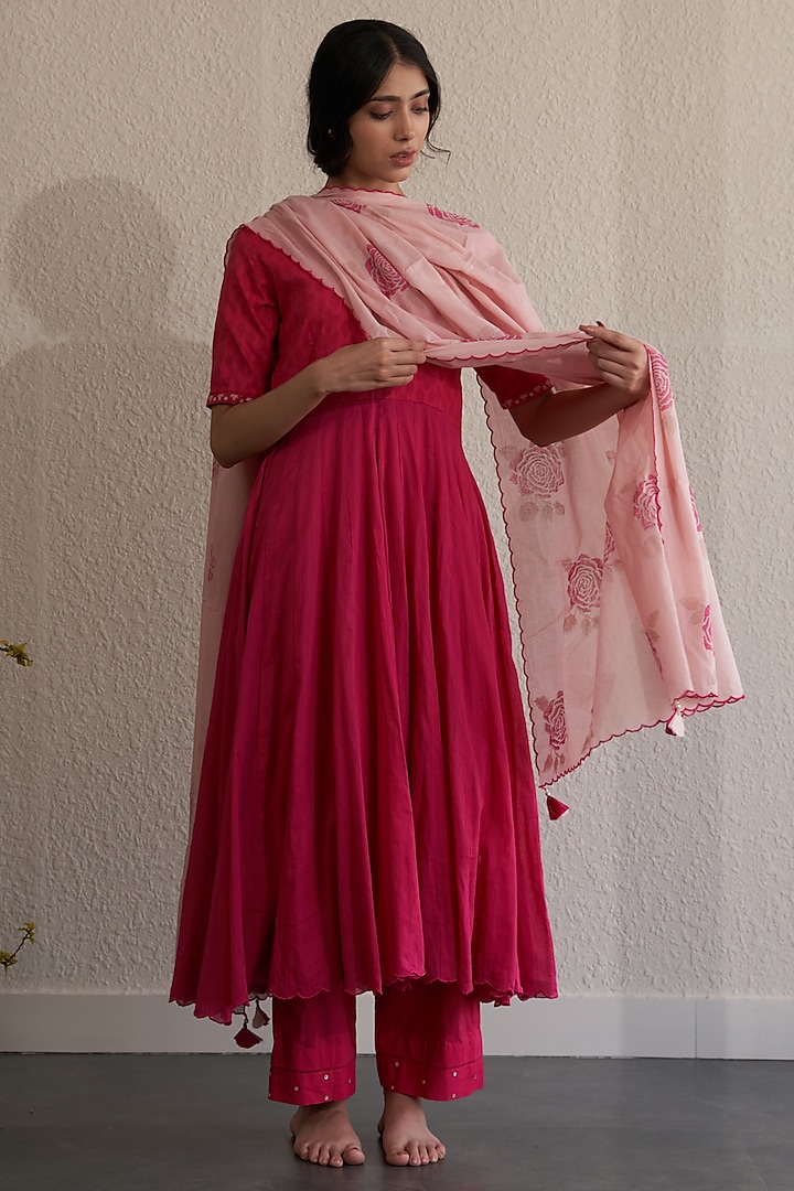 Ruby Pink Cotton Hand Embroidered Anarkali Set by Label Mansi Nagdev