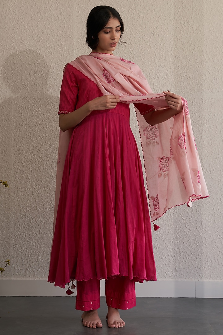 Ruby Pink Cotton Hand Embroidered Anarkali Set by Label Mansi Nagdev at Pernia's Pop Up Shop