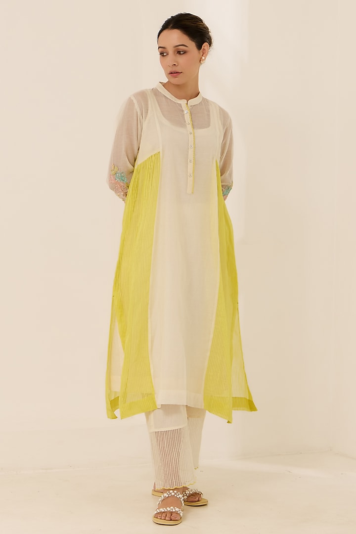 Ivory Malai Chanderi Hand Embroidered A-line Kurta Set by Label Mansi Nagdev at Pernia's Pop Up Shop