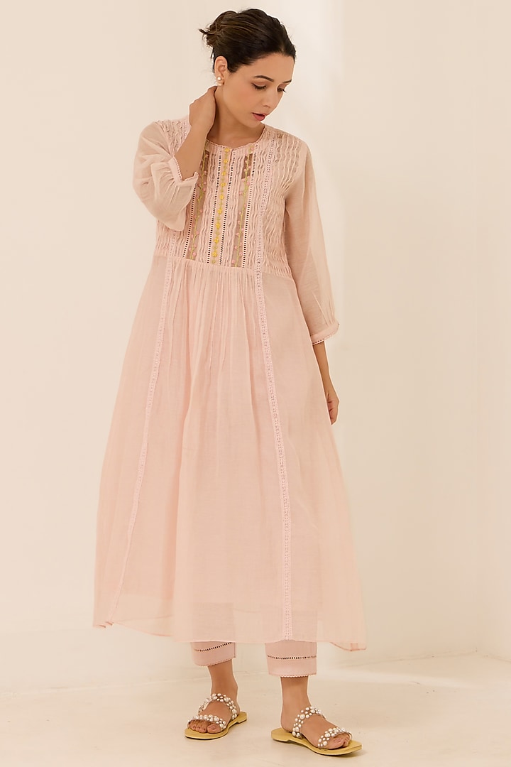 Soft Pink Malai Chanderi Hand Embroidered A-line Kurta Set by Label Mansi Nagdev at Pernia's Pop Up Shop