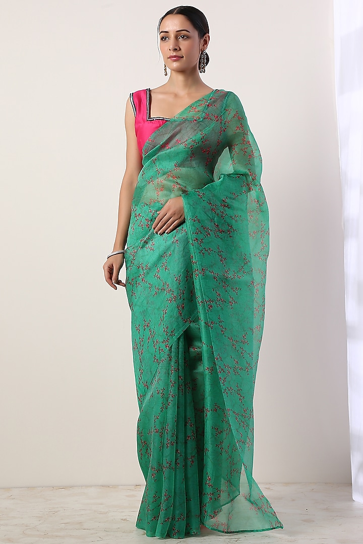 Green Floral Printed Saree Set by Label Nitika