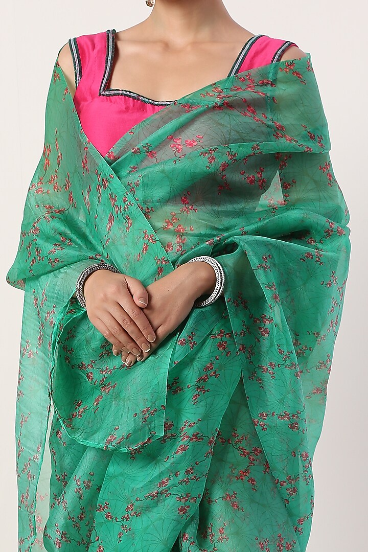 Green Floral Printed Party Wear Saree Set by Label Nitika at Pernia's Pop Up Shop