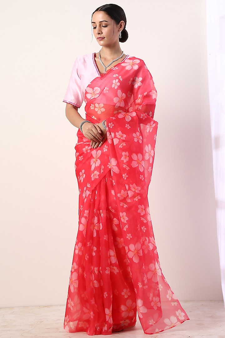 Hot Pink Floral Printed Saree Set by Label Nitika at Pernia's Pop Up Shop