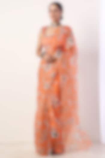 Coral Silk Organza Floral Printed Saree Set by Label Nitika