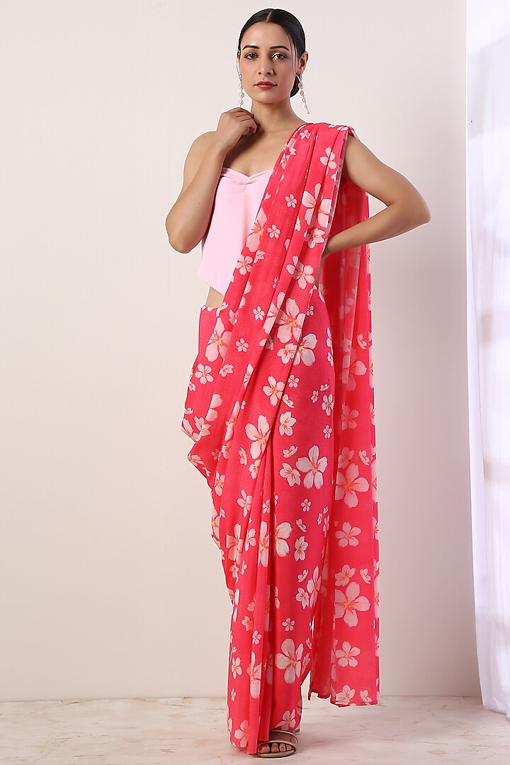 Hot Pink Printed Saree Set by Label Nitika