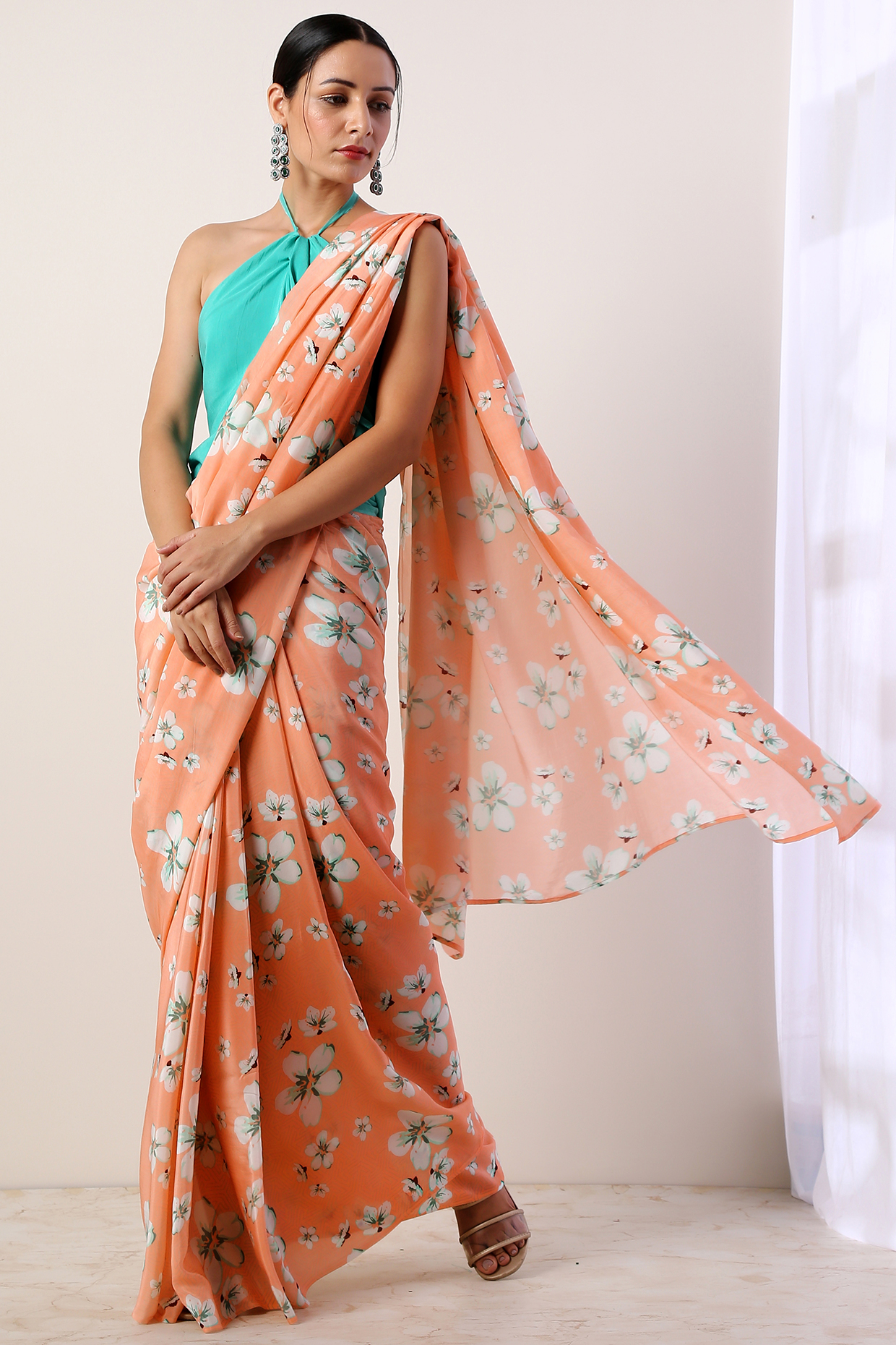Coral Crepe Floral Printed Saree Set by Label Nitika at Pernia's Pop Up Shop