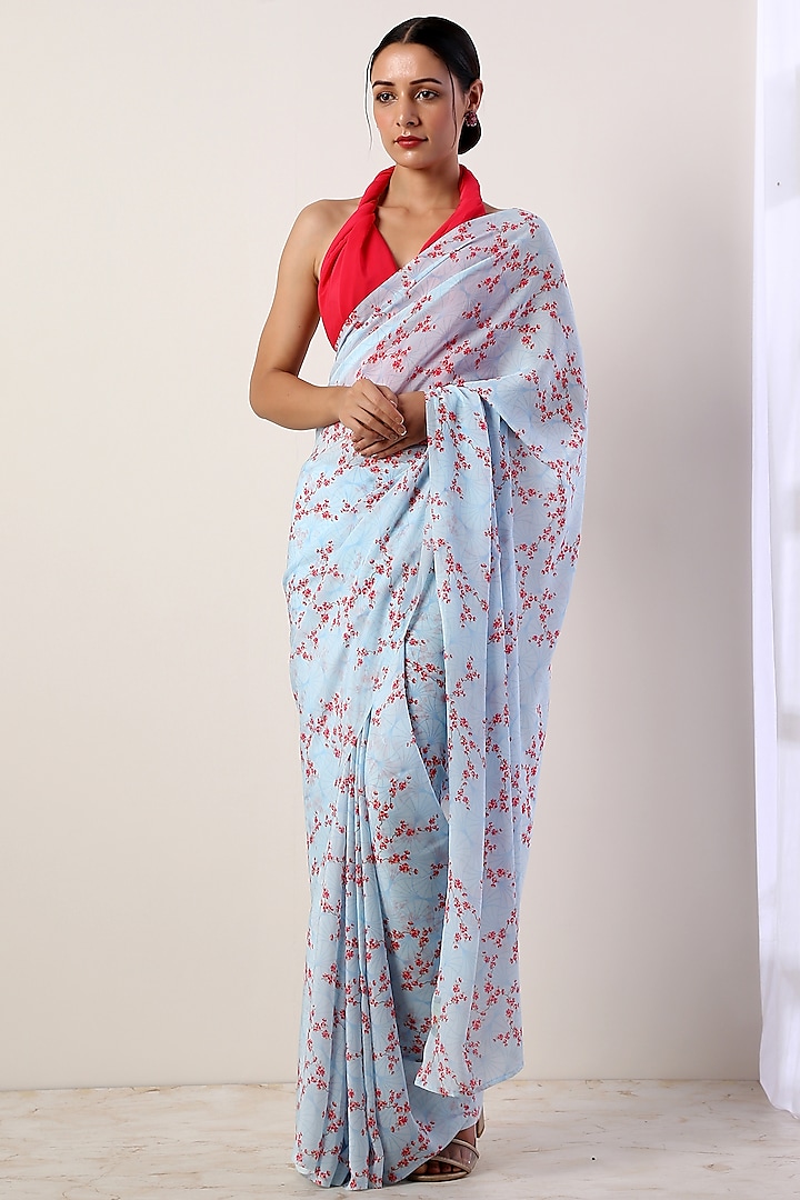 Sky Blue Crepe Floral Printed Saree Set by Label Nitika