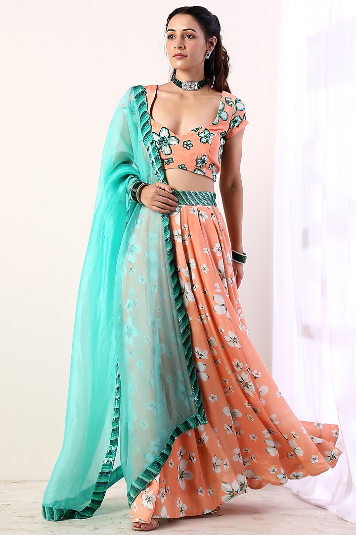 Coral Floral Printed Wedding Lehenga Set by Label Nitika at Pernia's Pop Up Shop
