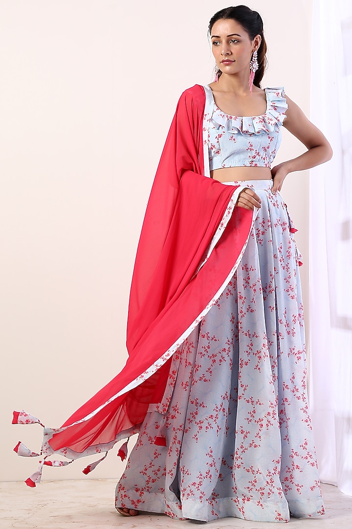 Classy Sky Blue and Pink colored printed Lehenga Set - Clearance