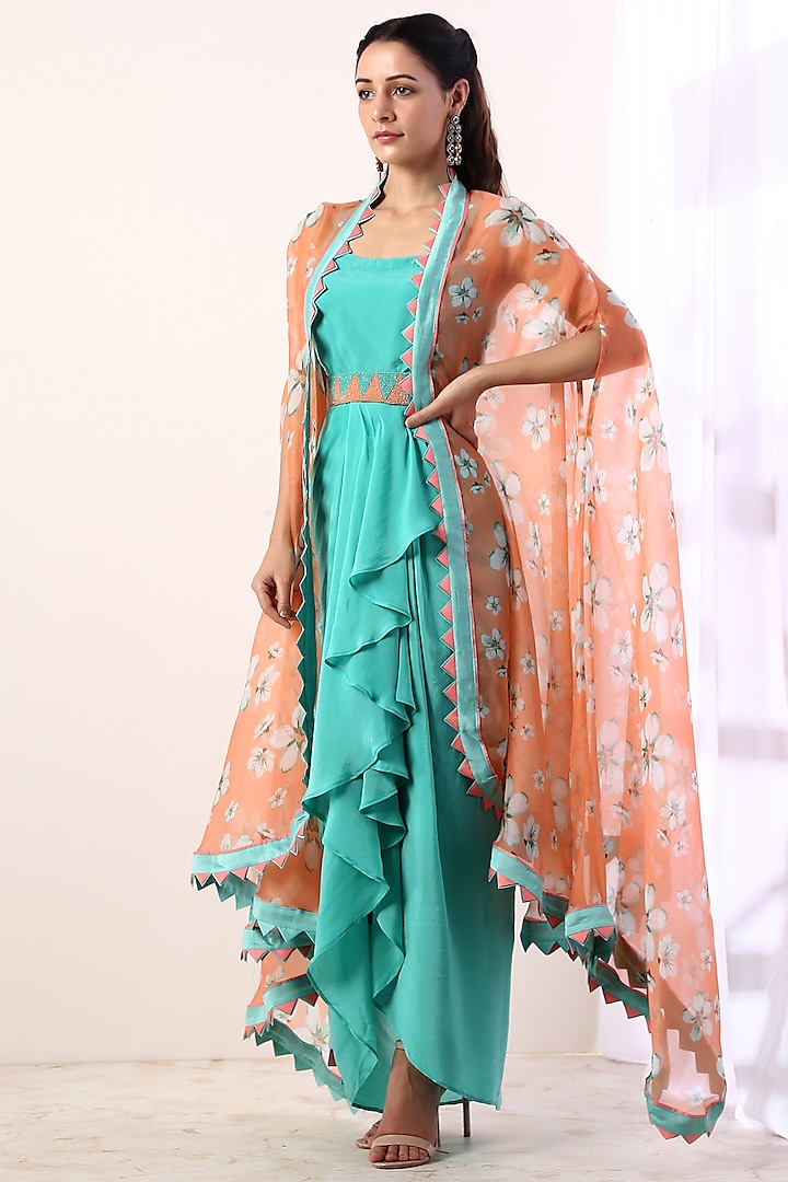 Teal Blue & Coral Printed Cape Set by Label Nitika