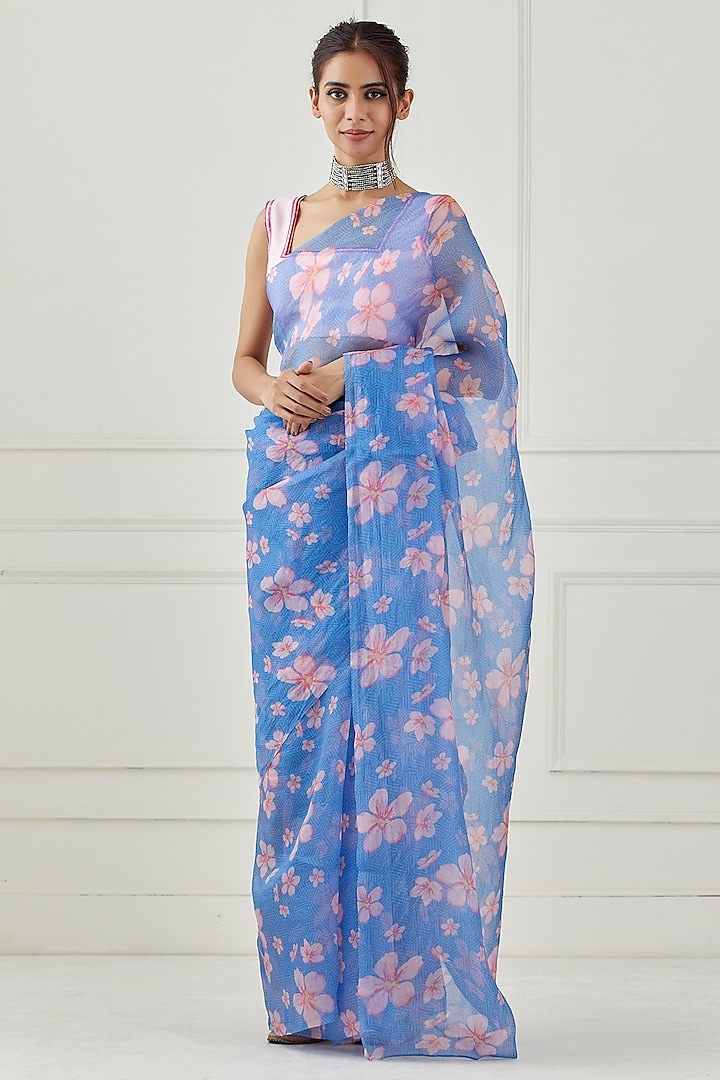 Moon Blue Printed Saree Set by Label Nitika
