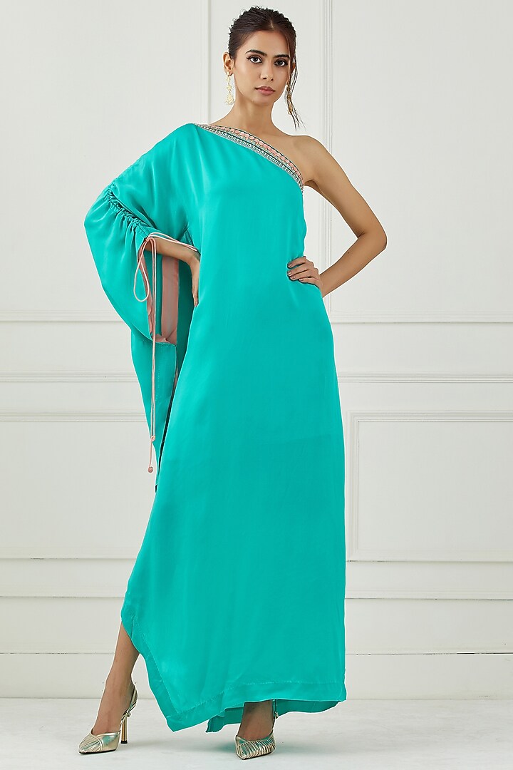 Teal Embroidered One-Shoulder Vacation Dress by Label Nitika at Pernia's Pop Up Shop