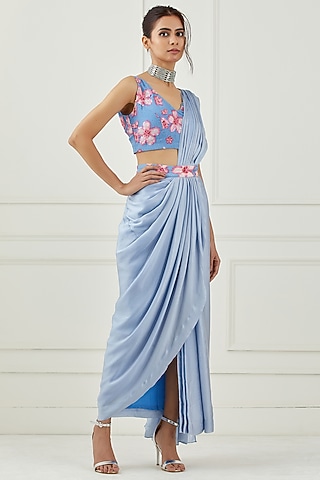 Moon Blue Satin Draped Saree Set by Label Nitika
