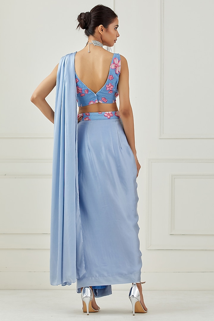Moon Blue Satin Draped Party Wear Saree Set by Label Nitika at Pernia's Pop Up Shop